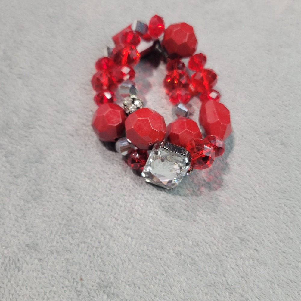 Bracelet Womens OS Red Beaded Stretch Double Strand Crystal Statement Ruby Art‎